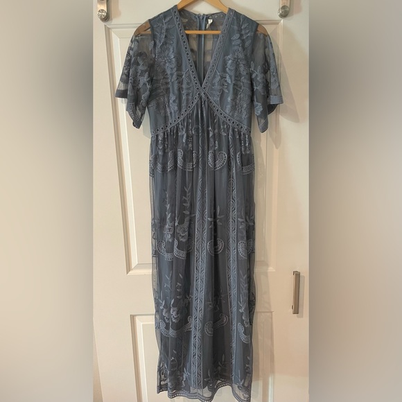 PinkBlush Blue Lace Mesh Overlay Maternity Maxi Dress - Picture 4 of 9